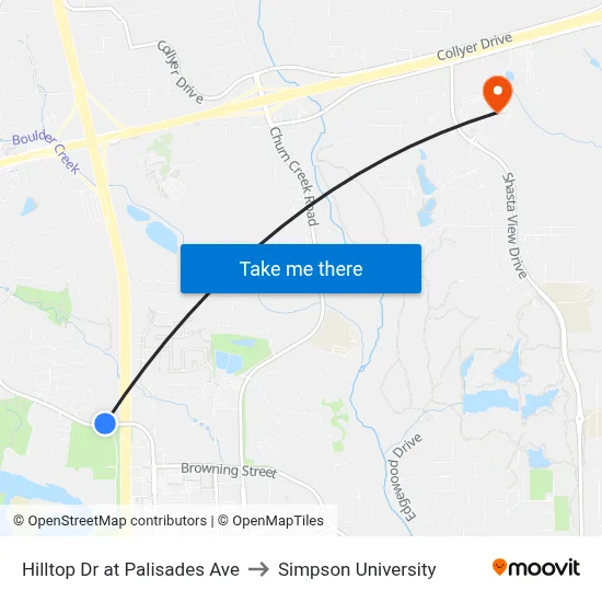 Hilltop Dr at Palisades Ave to Simpson University map