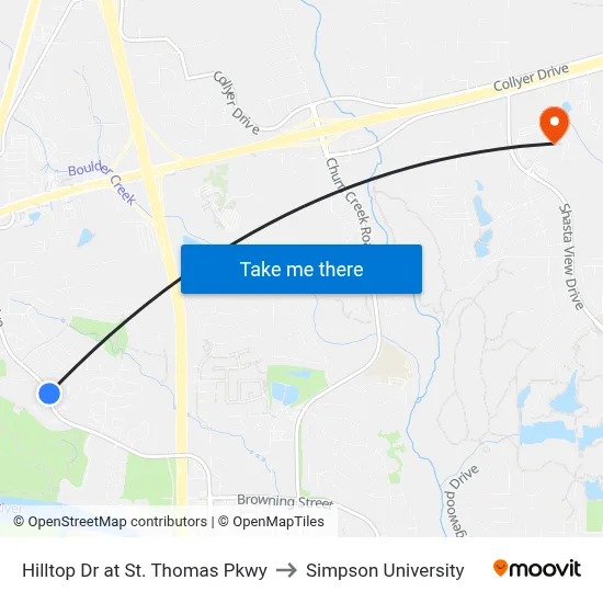 Hilltop Dr at St. Thomas Pkwy to Simpson University map