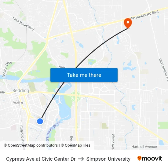Cypress Ave at Civic Center Dr to Simpson University map