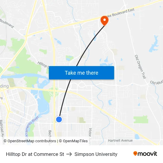 Hilltop Dr at Commerce St to Simpson University map