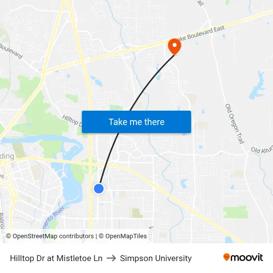 Hilltop Dr at Mistletoe Ln to Simpson University map