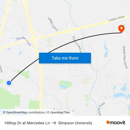 Hilltop Dr at Mercedes Ln to Simpson University map