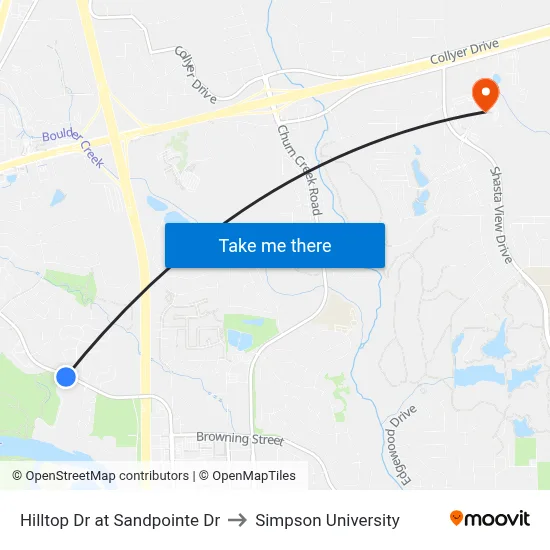 Hilltop Dr at Sandpointe Dr to Simpson University map