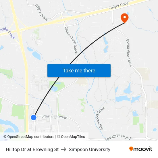 Hilltop Dr at Browning St to Simpson University map