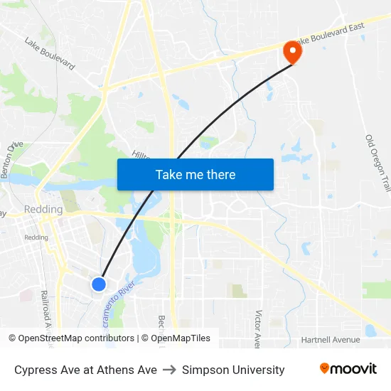 Cypress Ave at Athens Ave to Simpson University map