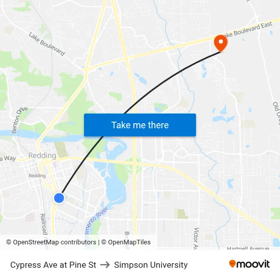 Cypress Ave at Pine St to Simpson University map