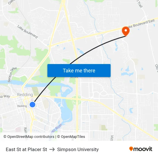 East St at Placer St to Simpson University map