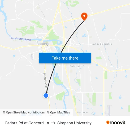 Cedars Rd at Concord Ln to Simpson University map