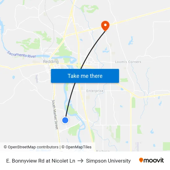 E. Bonnyview Rd at Nicolet Ln to Simpson University map