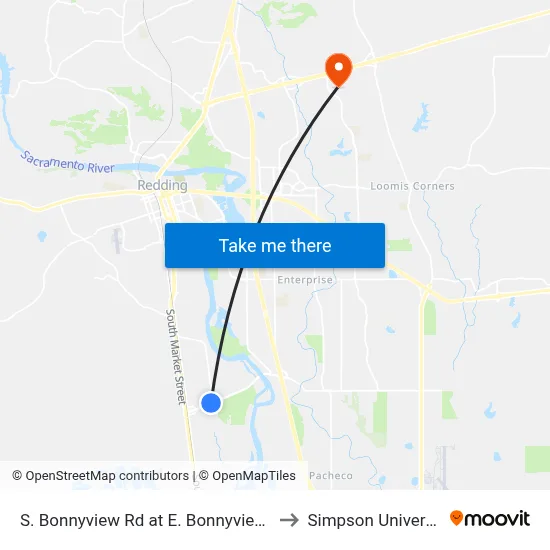 S. Bonnyview Rd at E. Bonnyview Rd to Simpson University map