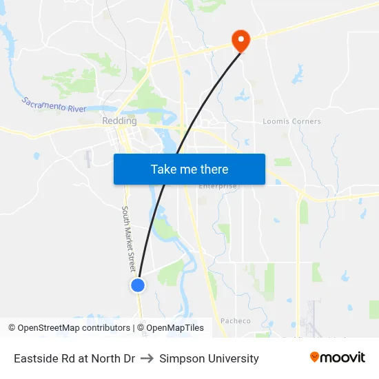 Eastside Rd at North Dr to Simpson University map