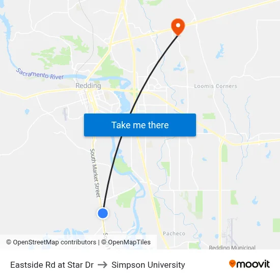 Eastside Rd at Star Dr to Simpson University map