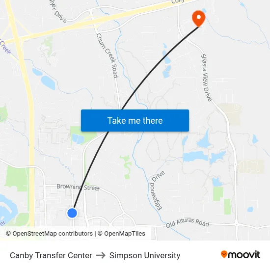 Canby Transfer Center to Simpson University map