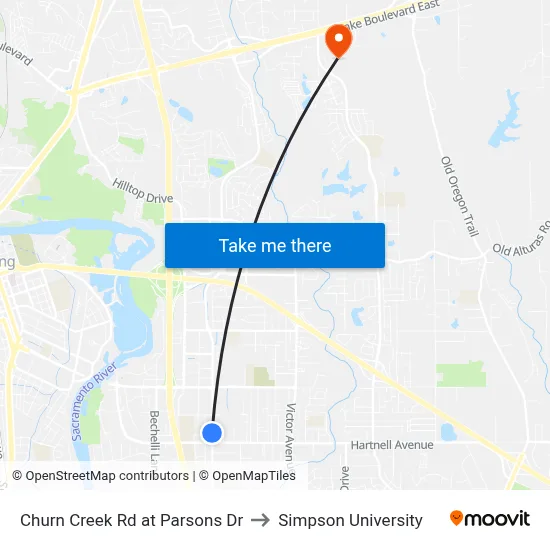 Churn Creek Rd at Parsons Dr to Simpson University map