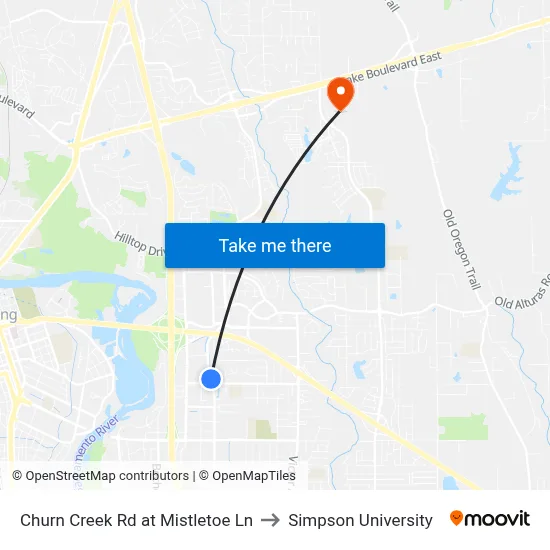 Churn Creek Rd at Mistletoe Ln to Simpson University map