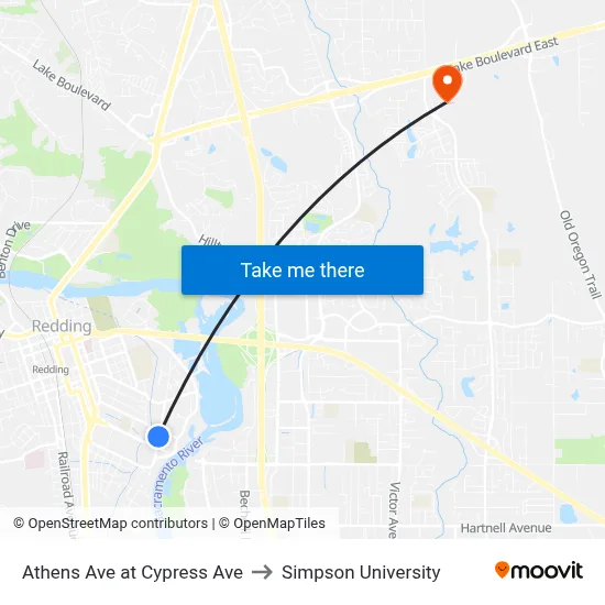 Athens Ave at Cypress Ave to Simpson University map