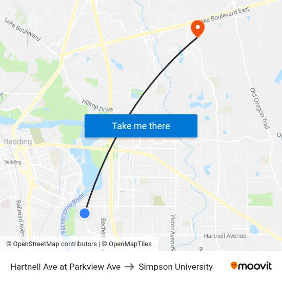 Hartnell Ave at Parkview Ave to Simpson University map