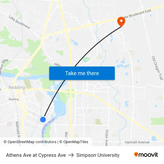 Athens Ave at Cypress Ave to Simpson University map