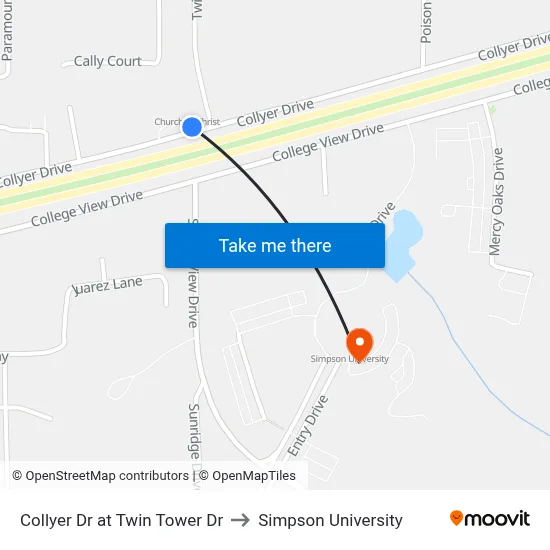 Collyer Dr at Twin Tower Dr to Simpson University map