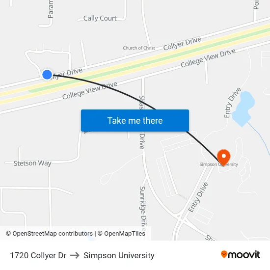 1720 Collyer Dr to Simpson University map