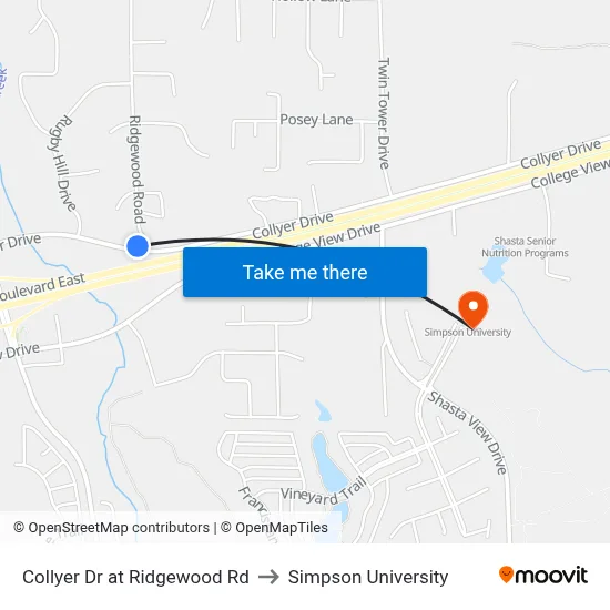 Collyer Dr at Ridgewood Rd to Simpson University map