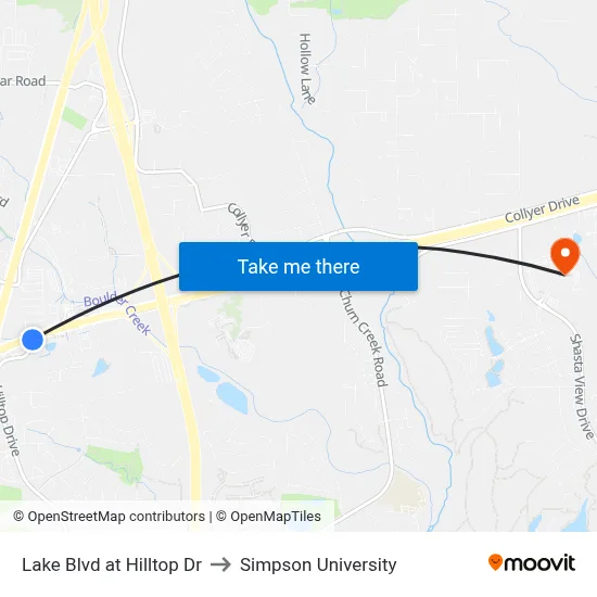 Lake Blvd at Hilltop Dr to Simpson University map