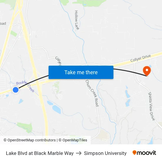 Lake Blvd at Black Marble Way to Simpson University map