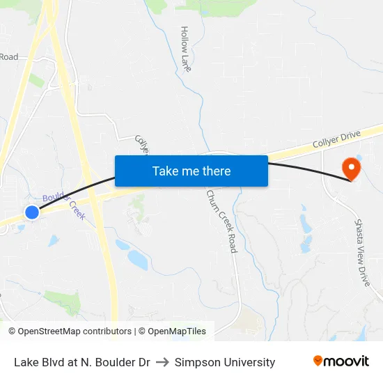 Lake Blvd at N. Boulder Dr to Simpson University map