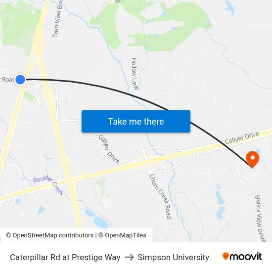 Caterpillar Rd at Prestige Way to Simpson University map