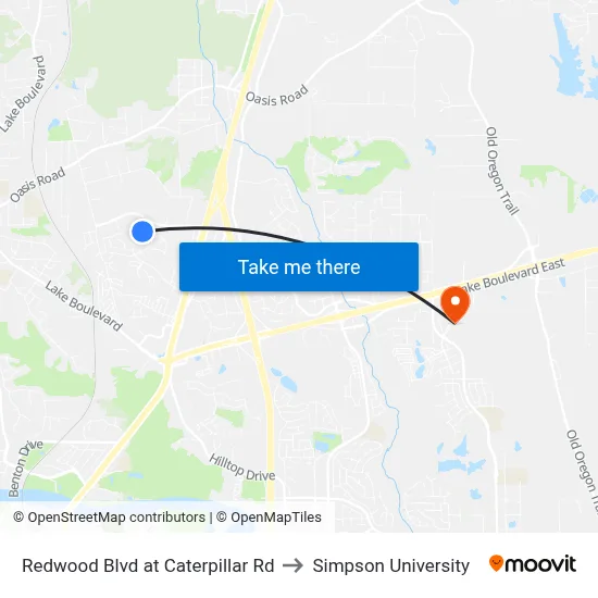 Redwood Blvd at Caterpillar Rd to Simpson University map