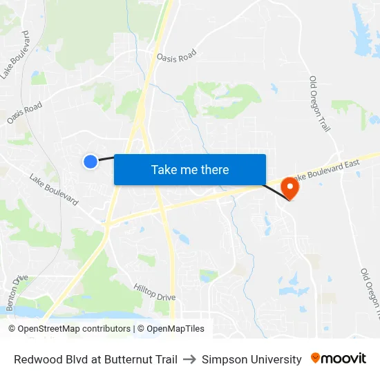 Redwood Blvd at Butternut Trail to Simpson University map
