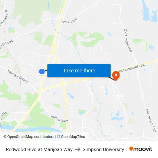 Redwood Blvd at Marijean Way to Simpson University map