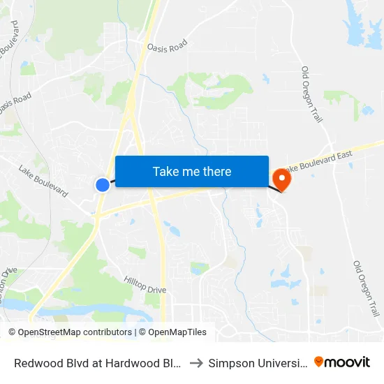 Redwood Blvd at Hardwood Blvd to Simpson University map