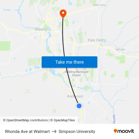 Rhonda Ave at Walmart to Simpson University map