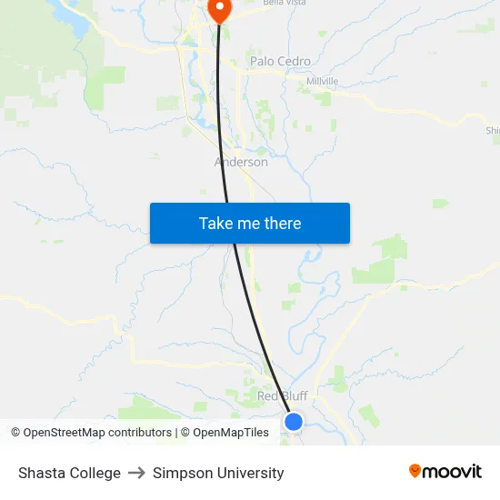Shasta College to Simpson University map