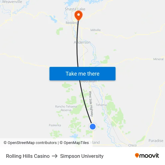 Rolling Hills Casino to Simpson University map