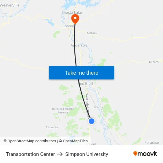 Transportation Center to Simpson University map