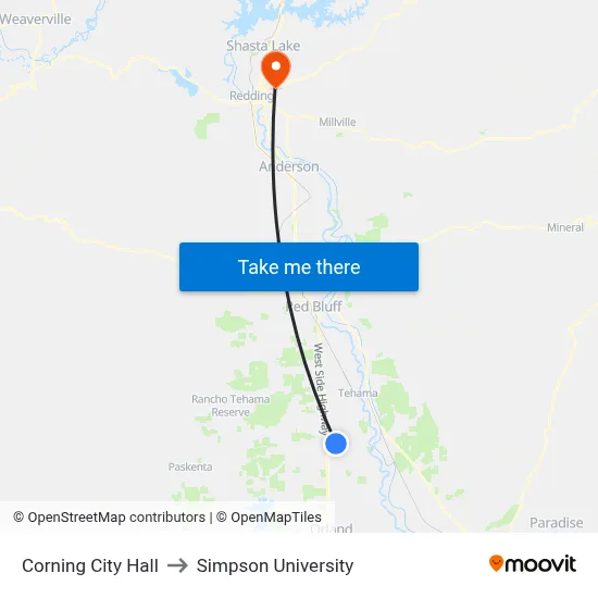 Corning City Hall to Simpson University map