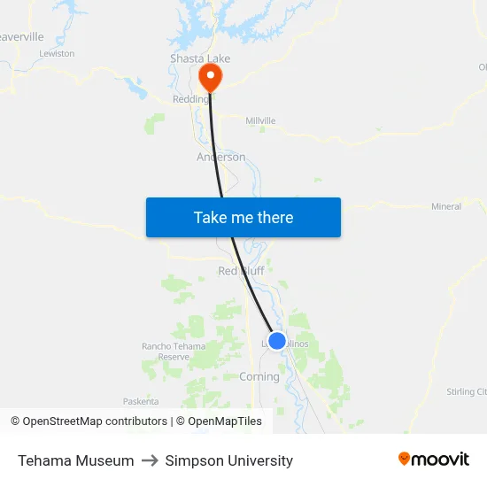 Tehama Museum to Simpson University map