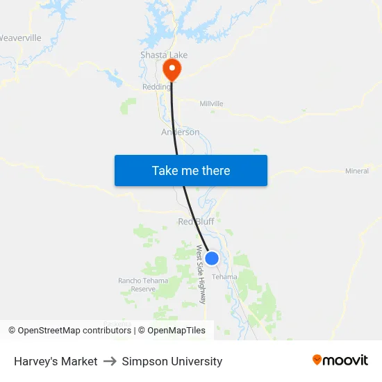 Harvey's Market to Simpson University map