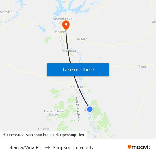 Tehama/Vina Rd. to Simpson University map