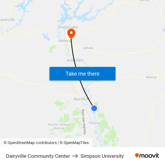 Dairyville Community Center to Simpson University map
