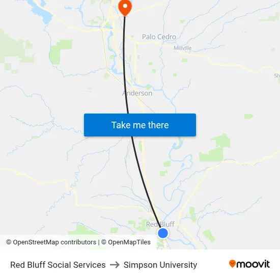 Red Bluff Social Services to Simpson University map