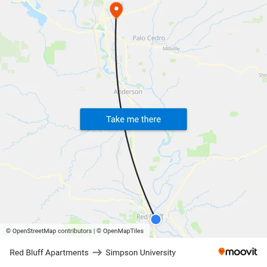 Red Bluff Apartments to Simpson University map