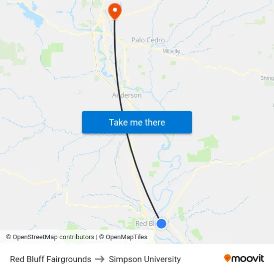 Red Bluff Fairgrounds to Simpson University map