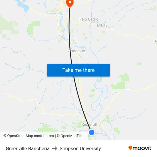 Greenville Rancheria to Simpson University map