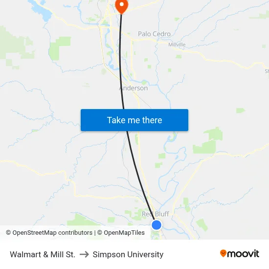 Walmart & Mill St. to Simpson University map