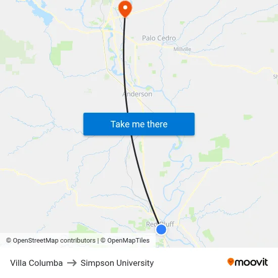 Villa Columba to Simpson University map