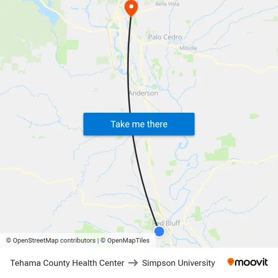 Tehama County Health Center to Simpson University map