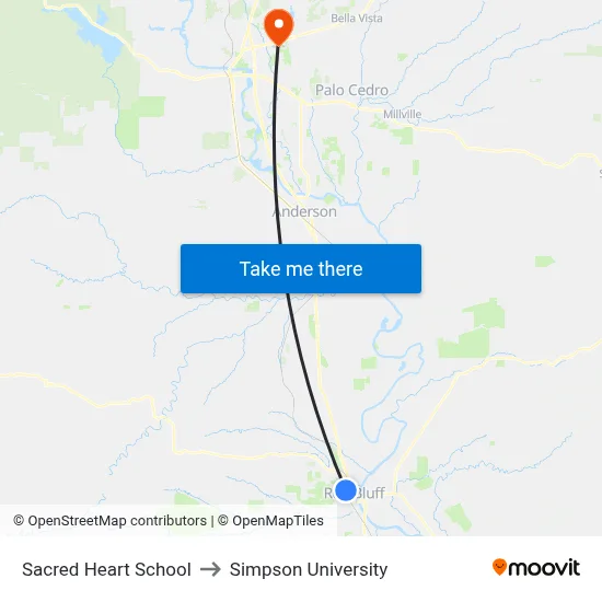 Sacred Heart School to Simpson University map